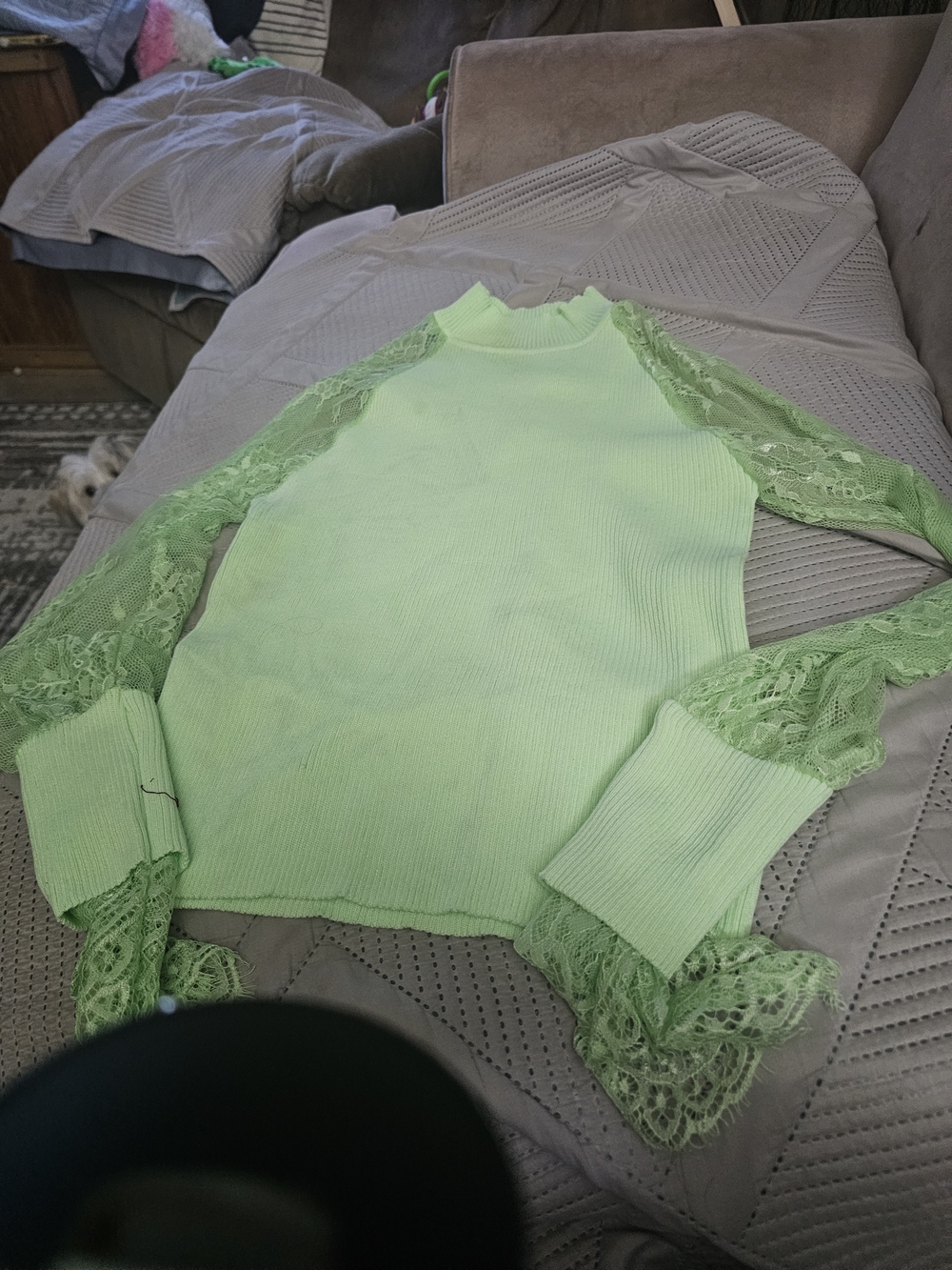 Green Lace-Sleeve Ribbed Knit Top